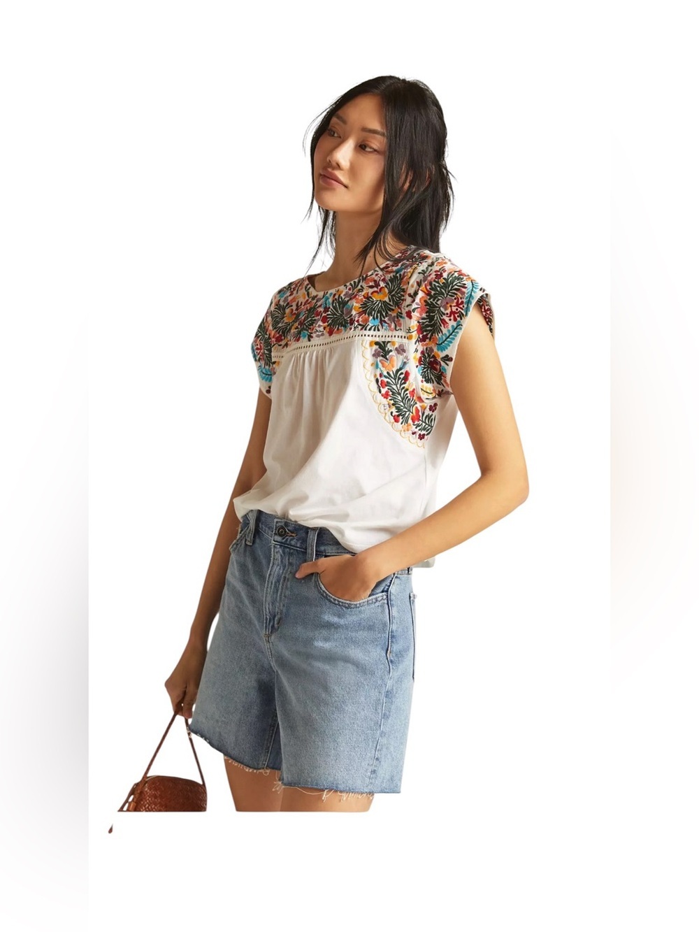 Anthropologie Tiny Tatum White Embroidered Tee Boho Top Short Sleeve Tee M